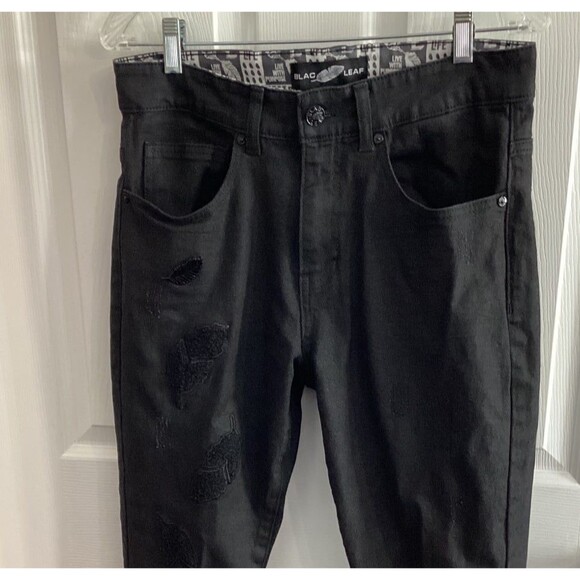 Blac Leaf Back To Black Denim Embroidered Jeans Size 34/32 - Picture 2 of 8